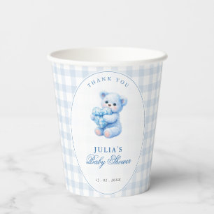 Klein Hart Blauw Gingham Teddybeer Baby Shower Papieren Bekers