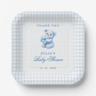 Klein Hart Blauw Gingham Teddybeer Baby Shower Papieren Bordje