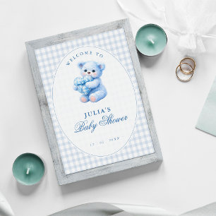 Klein Hart Blauw Gingham Teddybeer Baby Shower Poster