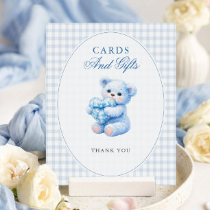 Klein Hart Blauw Gingham Teddybeer Baby Shower Poster