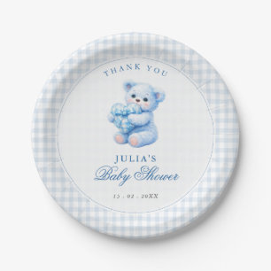 Klein Hart Blauw Gingham Teddybeer Babyshower Papieren Bordje