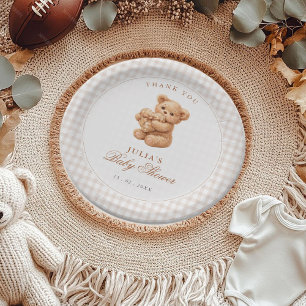 Klein Hart Bruine Gingham Teddybeer Baby Shower Papieren Bordje
