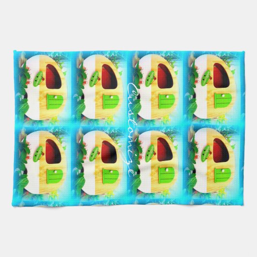 klein huis met gypsy caravan theedoek (Horizontaal)