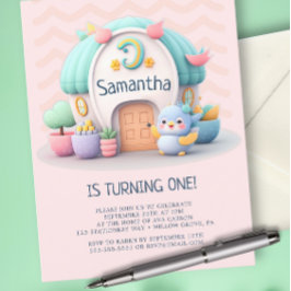 Klein huisje met draak Meisje Baby Verjaardag Uitnodiging Briefkaart