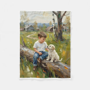 Klein jongetje dat met vriendelijke hond bij rivie fleece deken