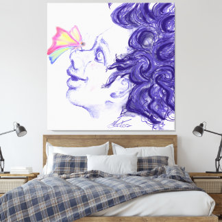 Klein kind in ontzag vlinder op de neus  canvas afdruk