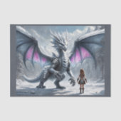 Klein kind meisje en gigantische draak in besneeuw tissuepapier (Voorkant)