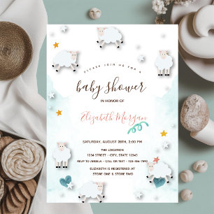 Klein Lammetje Schapen Wolken Sterren Baby Shower Kaart