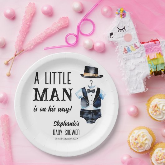 Klein man baby shower zwarte smoking monogrammed papieren bordje (Feest)