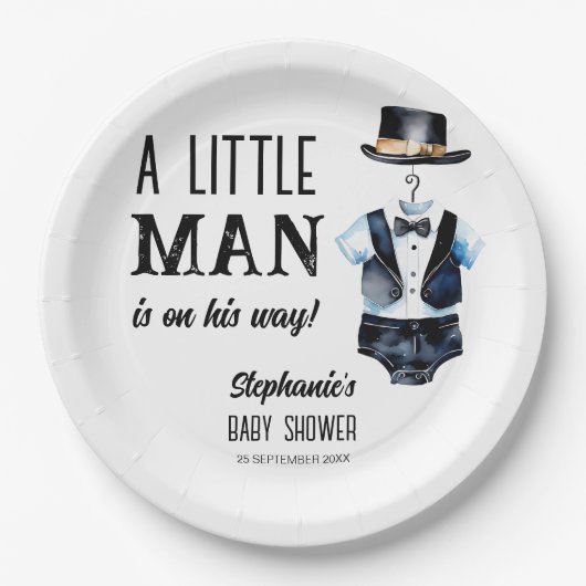 Klein man baby shower zwarte smoking monogrammed papieren bordje (Voorkant)