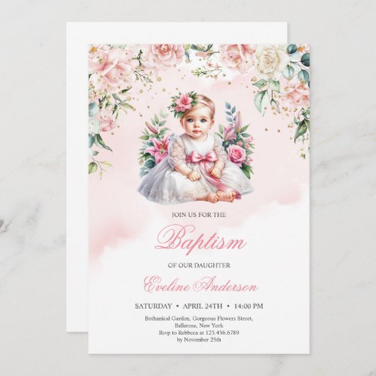 Klein meisje blozen rozen bloemendoop uitnodiging (Voorkant / Achterkant)
