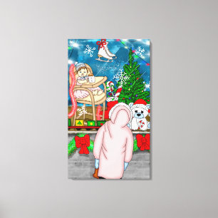 Klein meisje dat door een kerstraam kijkt canvas afdruk
