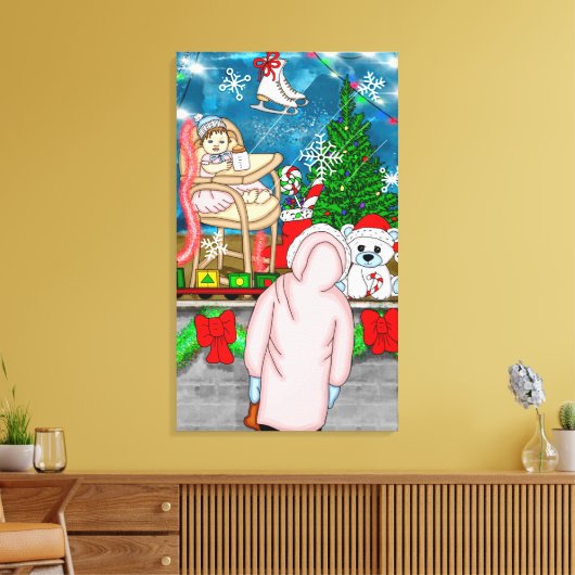 Klein meisje dat door een kerstraam kijkt canvas afdruk (Insitu (Woonkamer))