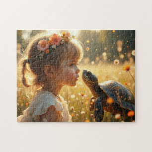 Klein meisje en de schildpad in de veldbloemen legpuzzel