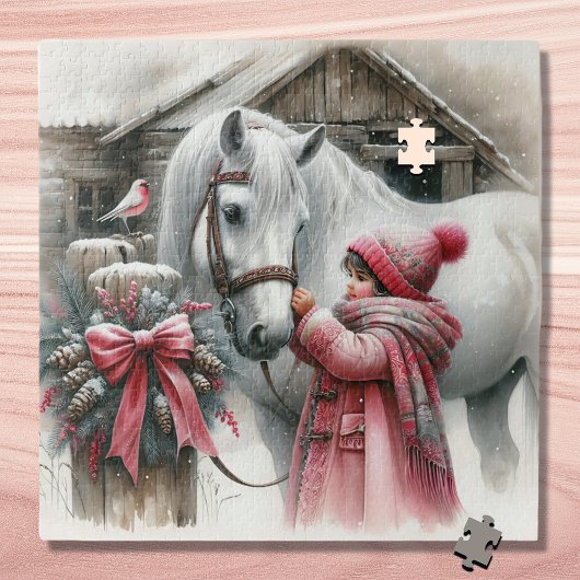 Klein meisje en haar paard: rustieke kerst legpuzzel