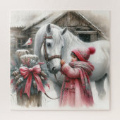 Klein meisje en haar paard: rustieke kerst legpuzzel (Verticaal)