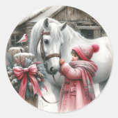 Klein meisje en haar paard: rustieke kerst ronde sticker (Voorkant)