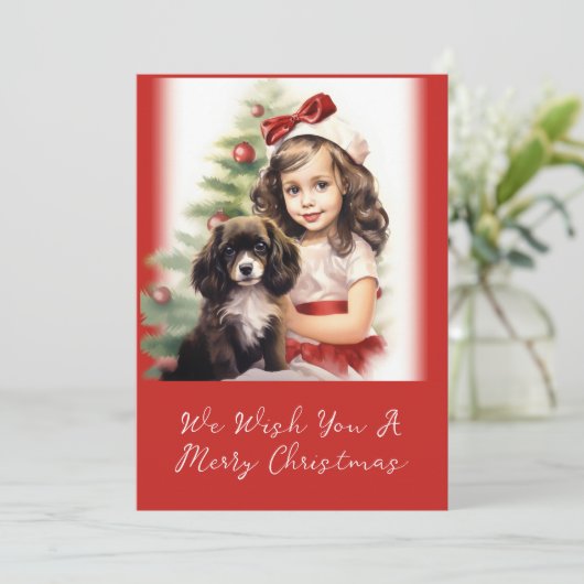 Klein meisje en puppy foto kerst Kaart (Staand voorkant)