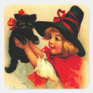 Klein Meisje & Haar Zwarte Kat Vierkante Sticker