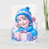 Klein  Meisje in Blauw en Roze Kerstmis Kaart (Voorkant)