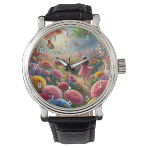 Klein meisje in een veld van bloemen en vlinders horloge