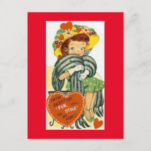 klein meisje in Mink Stole Valentijn 1950 Briefkaart