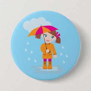 Klein meisje in oranje regenjas met roze paraplu ronde button 7,6 cm
