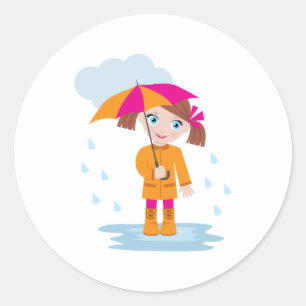Klein meisje in oranje regenjas met roze paraplu ronde sticker
