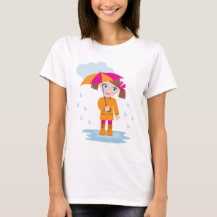 Klein meisje in oranje regenjas met roze paraplu t-shirt