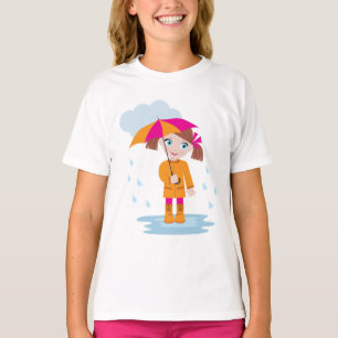Klein meisje in oranje regenjas met roze paraplu t-shirt