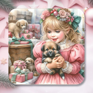 Klein  meisje in roze met Puppies kerst Vierkante Sticker