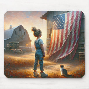 Klein meisje met een Amerikaanse vlag op oude schu Muismat