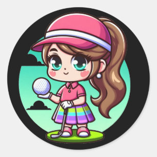 Klein meisje met golfbal in haar handen ronde sticker