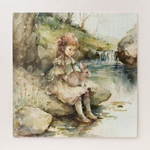Klein meisje met konijn aquarelschilderij legpuzzel