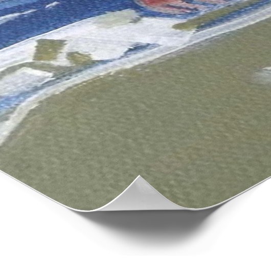 Klein meisje met pet op het strand met golven poster (Hoek)