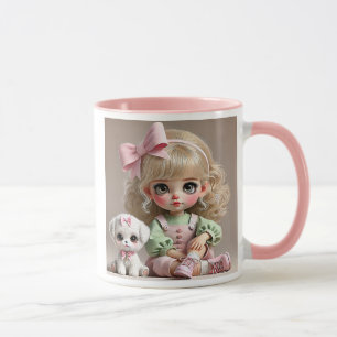 Klein meisje met roze knoop en haar witte puppy. mok