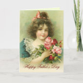 Klein meisje met roze rozen Vaderdag Kaart (Voorkant)