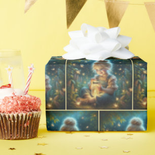 Klein meisje met vuurvliegjes in potje cadeaupapier