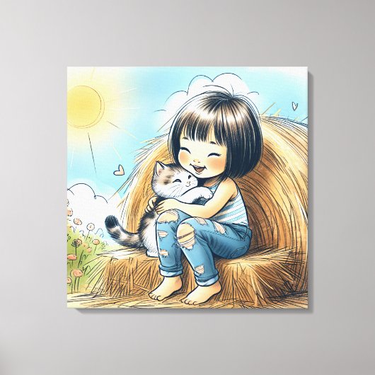 Klein meisje op hooi baal canvas afdruk (Voorkant)