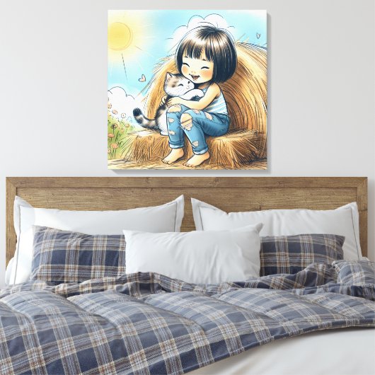 Klein meisje op hooi baal canvas afdruk (Insitu (Slaapkamer))
