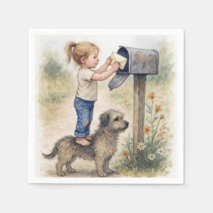 Klein meisje staat op een hond om een brief te pos servet