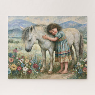 Klein meisje Witte Pony Wilde Bloemen Weiland Legpuzzel
