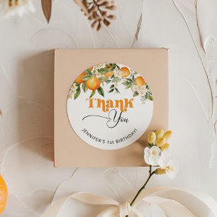 Klein moppie citrus sinaasappels verjaardag dank j ronde sticker