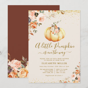 Klein pompoengoud en blush floral baby shower kaart