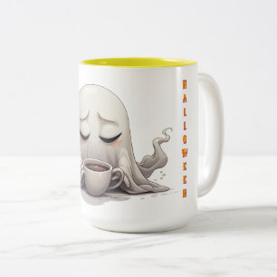 Klein spookje met warme koffie Gezellige herfstste Tweekleurige Koffiemok