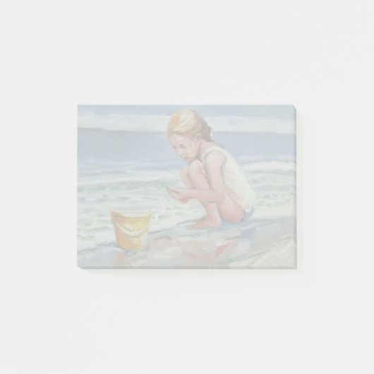 Klein strandjuttermeisje met gele emmer post-it® notes (Voorkant)