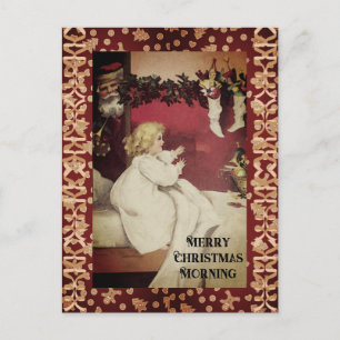 Klein Vintage Meisje Kerstmorgen Kerstman Briefkaart