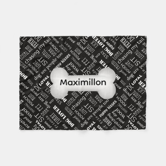 KLEIN Zwart met White Dog Bone en Name Fleece Deken (Voorkant (Horizontaal))