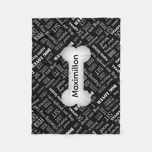 KLEIN Zwart met White Dog Bone en Name Fleece Deken (Voorkant)