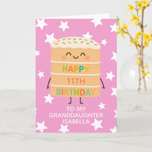 Kleindochter 11e Verjaardag Roze Schattigee Cake C Kaart (Gele Bloem)